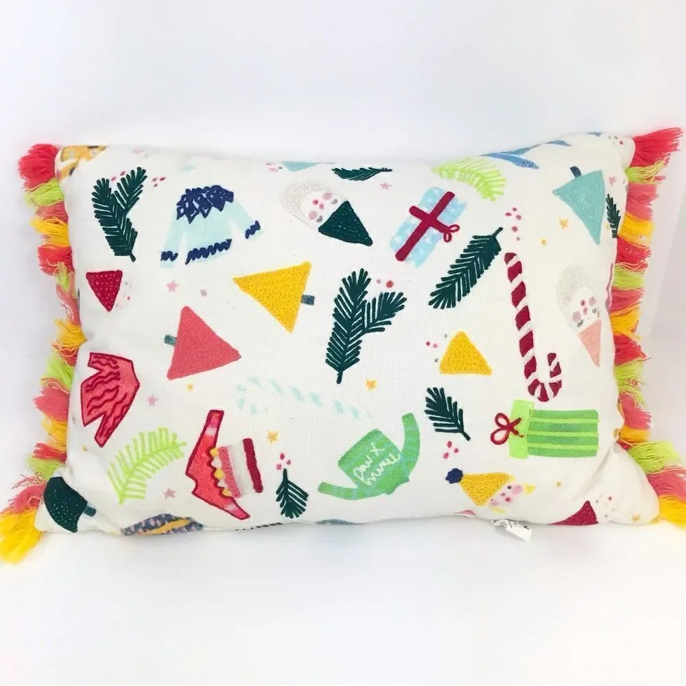 Joann Colorful Tassel Holiday Themed Embroidered Christmas Accent Pillow